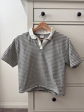 Zara Crop Black and White Striped Polo Shirt